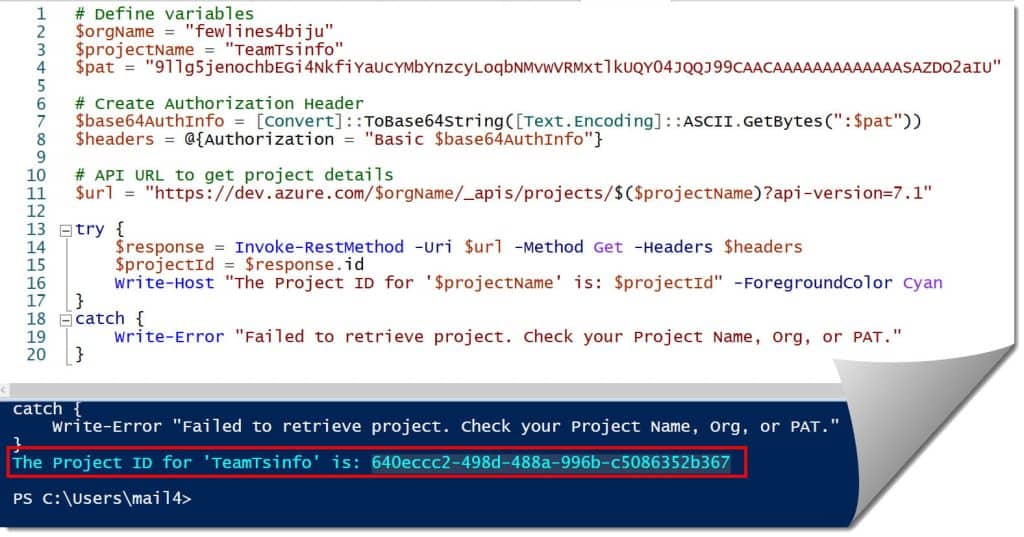 how to get project id in azure devops using powershell