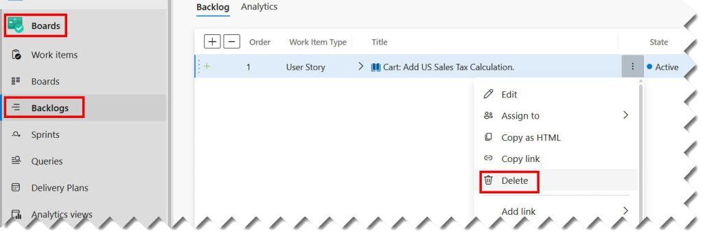 how to delete a user story in azure devops