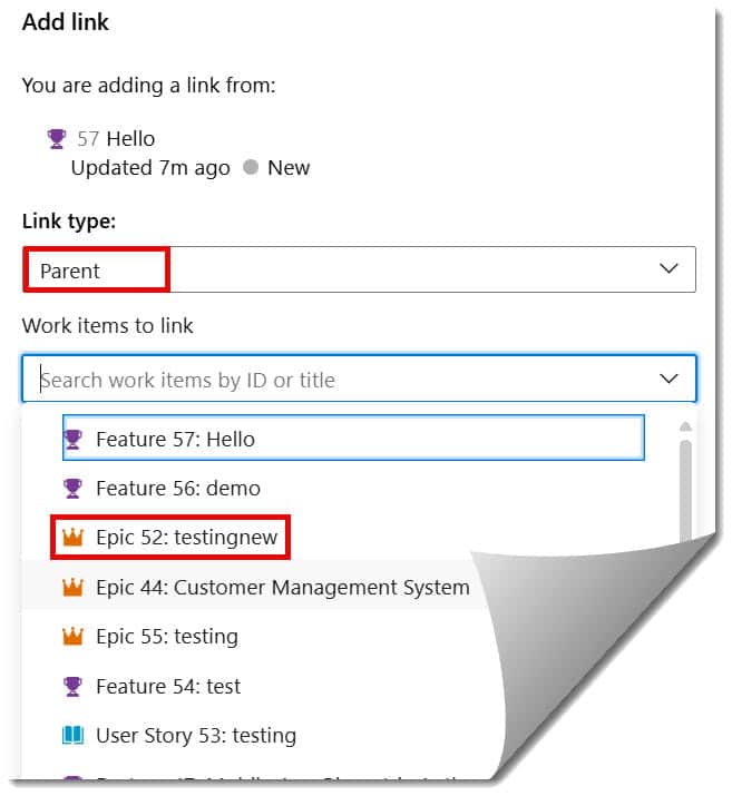 Add feature under epic azure devops
