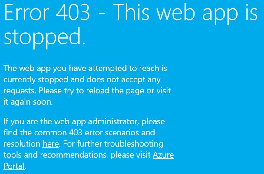 error 403 - this web app is stopped. azure